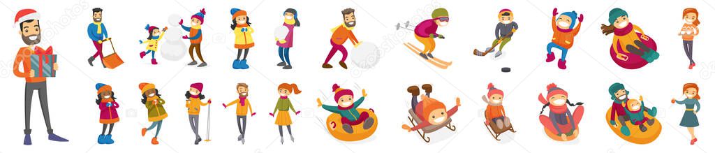 Smiley cartoon flat illustration set of kids characters having winter fun outdoors with friends and parents. Ski and tubing, ice skating and sledding. Boys and girls make snowman, play snowballs.