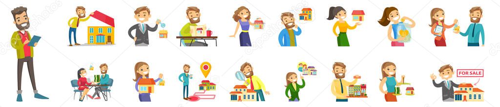 Smiley cartoon flat illustration set of real estate agents and mortgage brokers. Men and women sell and buy houses. Property for rent. Mortgage loan. Real estate market evaluation. Family home.