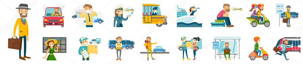 Smiley cartoon flat illustration set of characters using city public transport. Train station and bus stop, traffic jam, airport timetable. Urban transportation, traveling and hitchhiking.