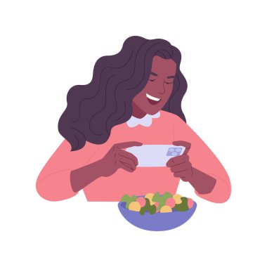 İçerik pazarlaması izole edilmiş çizgi film çizimleri. Lokantada fotoğraf çeken blogcu akıllı telefon, içerik oluşturma, yaratıcı hobi, dikkat çeken vektör karikatürü çekiyor.