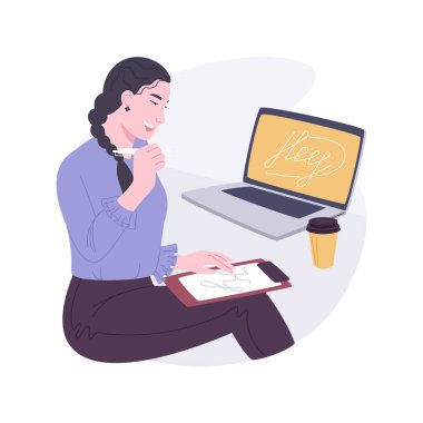 Kaligrafi karikatür vektör çizimlerini izole etti. Kız evde harf ve çizim yapıyor, özel ders izliyor, defter çiziyor, çevrimiçi eğitim alıyor, ana sınıf vektör karikatürü çiziyor..