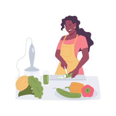 Vejetaryen yemekleri izole edilmiş çizgi film çizimleri. Vejetaryen sporcu kız mutfakta yemek pişiriyor, ev yapımı yemekler, sağlıklı besleniyor, sebze salatası hazırlıyor, organik vitamin vektör karikatürü çiziyor..