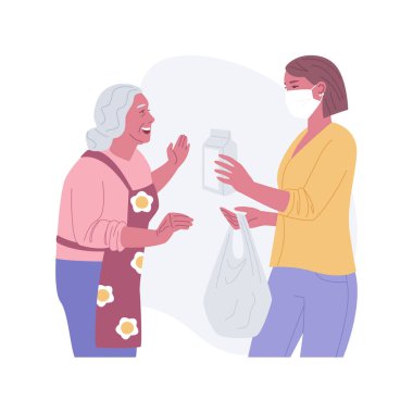 Eski neslin izole edilmiş karikatür vektör çizimlerine yardım ediyorum. Aktif vatandaş yaşlılara yemek veriyor, sorumlu tutum, sosyal yardım, salgın hastalık taşıyıcı karikatür sırasında gönüllü olmak..