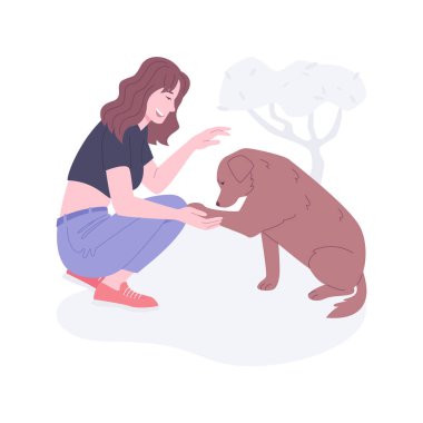 Minnettar hayvan izole edilmiş çizgi film çizimleri. Yeni sevimli köpeğiyle gülümseyen kız, mutlu hayvan, şehir aktivizmi, hayvanlara karşı sorumlu tavır, sosyal aktivite vektör karikatürü..