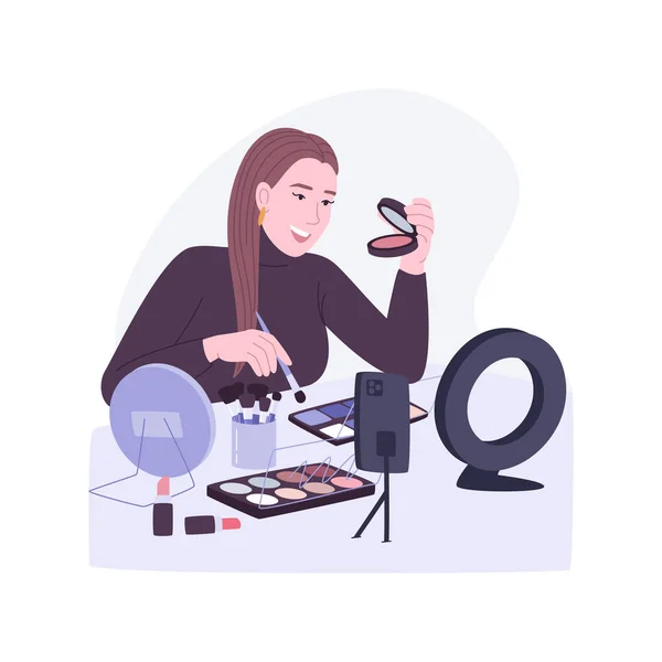 Beauty and makeup isolated cartoon vector illustrations. Young smiling girl taking online courses in makeup, having fun when shooting video, a lot of cosmetics around vector cartoon.