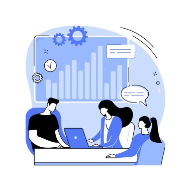 Business plan isolated cartoon vector illustrations. Group of young people discussing new business plan idea with laptop in office, entrepreneurship management, startup strategy vector cartoon.