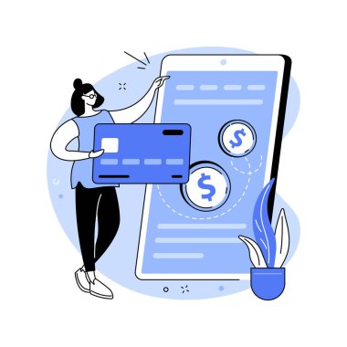 Banka transferi izole edilmiş karikatür vektör çizimleri. Kız parayı banka hesabından, telefon ve karttan, uzaktan ödemeden, serbest çalışanlardan, maaş bordrosundan, dijital göçebe vektör karikatüründen alıyor..