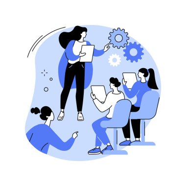 Takım koçu karikatür vektör çizimlerini izole etti. Çeşitli insanlardan oluşan bir grup kişisel koçla, küçük işletmelerle, danışmanlık saatleriyle, vektör karikatürü oluşturan şirket ekibiyle sohbet ediyor..