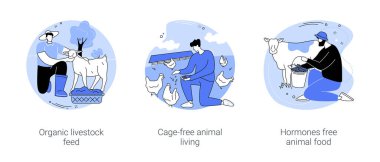 Organik çiftlik hayvanları karikatür çizimleri ayarlandı. Organik hayvan yemi, kafessiz hayvan yemi, hormonlar ve antibiyotikler bedava hayvan maması, kümes hayvanları çiftliği çizgi filmi.