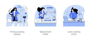 Learn cooking isolated cartoon vector illustrations set. Showing food preparation process, filming culinary classes, baking fresh bread at home, watch online cooking tutorial vector cartoon.