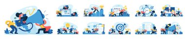 Flat illustration set of business partners. Startup launch and new product promotion. Men and women in business negotiation. Successful deal. Company budget planning. Hiring new employee. HR service.