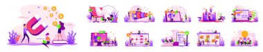 Bright violet flat illustration set of characters launching marketing and advertising campaign. Branding and corporate design. Sales conversion. Attract customers. Marketing team brainstorming.