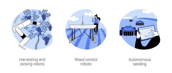 Robotic Agriculture Isolated Cartoon Vector Illustrations Set Harvesting Picking Robots — 스톡 벡터