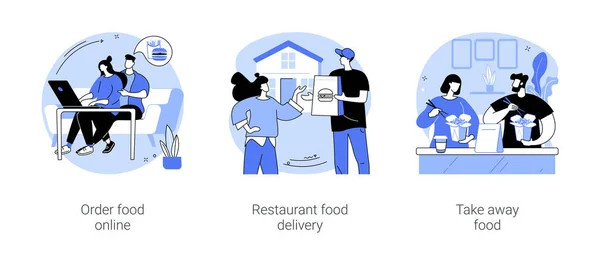 온라인으로 음식을 고립된 일러스트 사람들은 사이트에 노트북 택배를 서비스 집에서 — 스톡 벡터