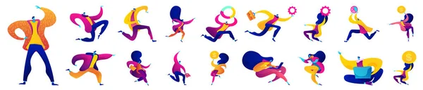 Flat Illustration Bundle Bright Colorful Characters Moving Flying Men Women — ストックベクタ