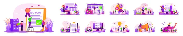 Bright Violet Flat Illustration Set Characters Working Company Modern Office — Stockvektor