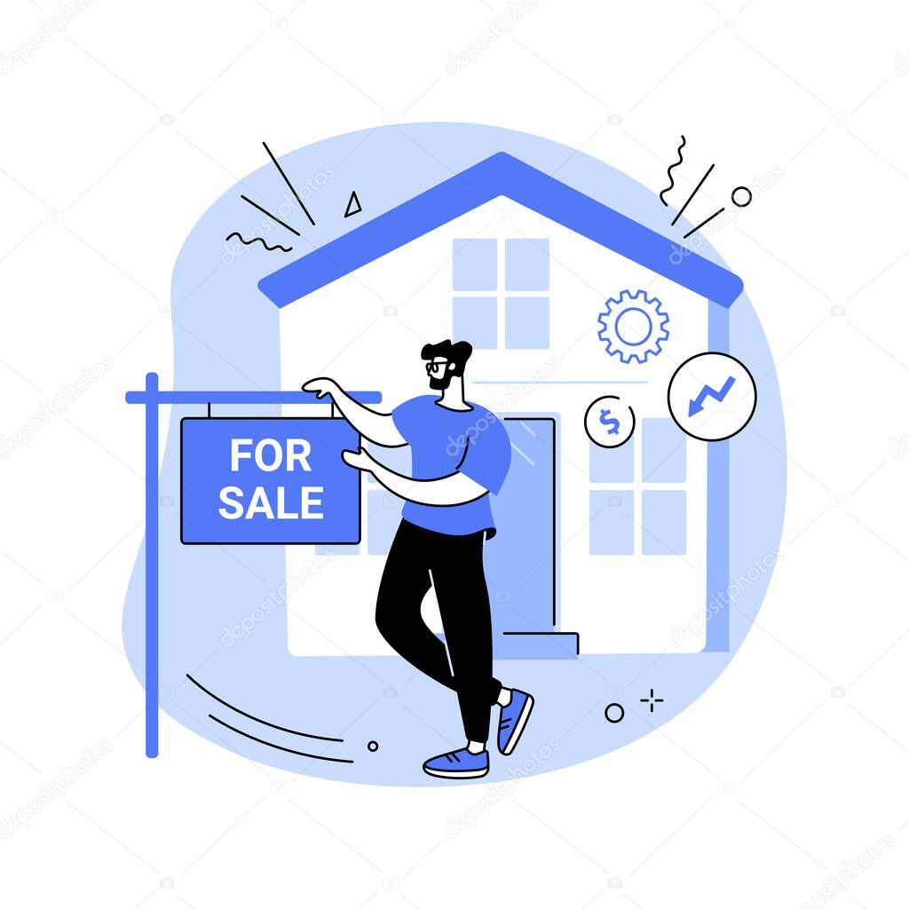 Selling assets isolated cartoon vector illustrations. Frustrated man sells his house because of business bankruptcy, startup failure, financial problems, real estate sale vector cartoon.