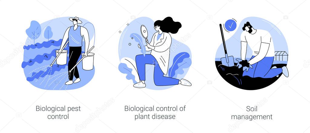 Organic farming industry isolated cartoon vector illustrations set. Biological pest control, plant disease management, soil health in modern agriculture, harvest protection vector cartoon.