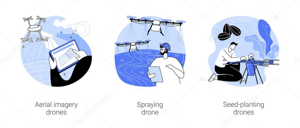 Agricultural drones isolated cartoon vector illustrations set. Aerial imagery drones, spraying and seed-planting automation in smart farming industry, precision agriculture vector cartoon.