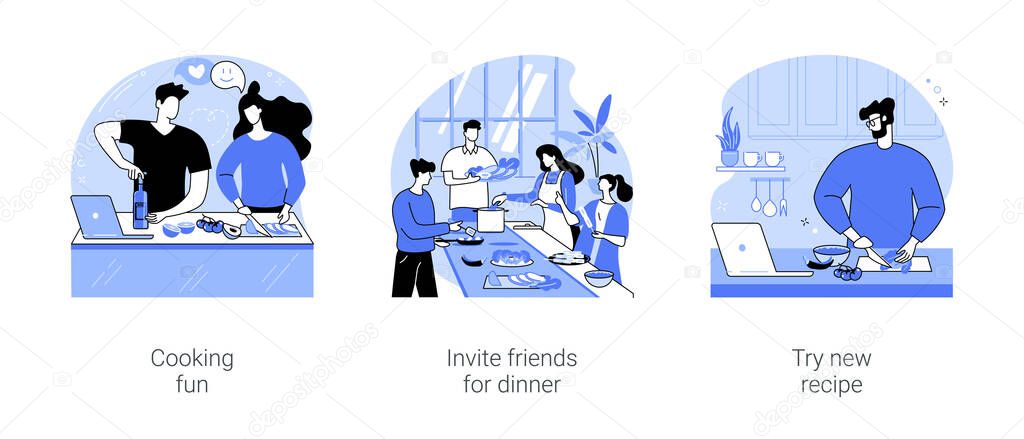 Dinner at home isolated cartoon vector illustrations set. Happy couple having fun cooking together, invite friends for dinner, diverse people in the kitchen, watch food recipe online vector cartoon.