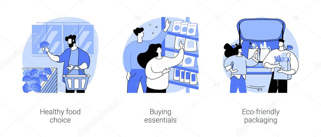 Grocery shopping isolated cartoon vector illustrations set. Healthy food choice, choose fruit and vegetable in supermarket, buying essentials, eco-friendly packaging, zero-waste bag vector cartoon.