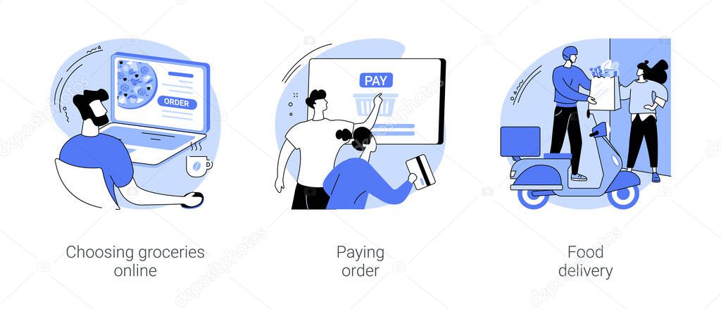 Buying groceries online isolated cartoon vector illustrations set. Choosing and ordering essentials with laptop, paying order online, grocery shopping via internet, food delivery vector cartoon.