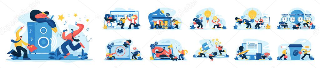 Flat illustration set of characters developing business idea and launching startup. Team management, modern office, coffee break. Smm manager and copywriter. Agile project management. Online meeting.