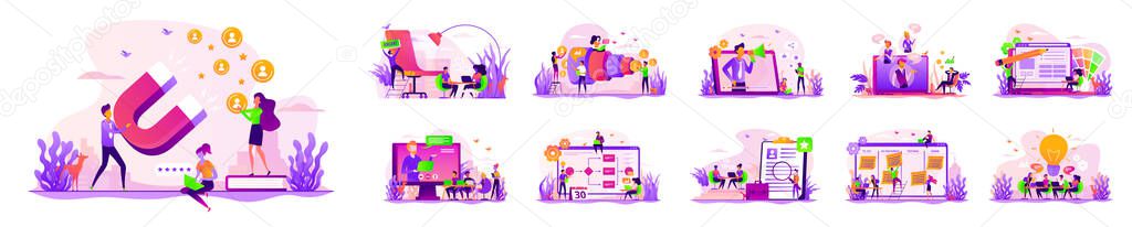 Bright violet flat illustration set of characters launching marketing and advertising campaign. Branding and corporate design. Sales conversion. Attract customers. Marketing team brainstorming.