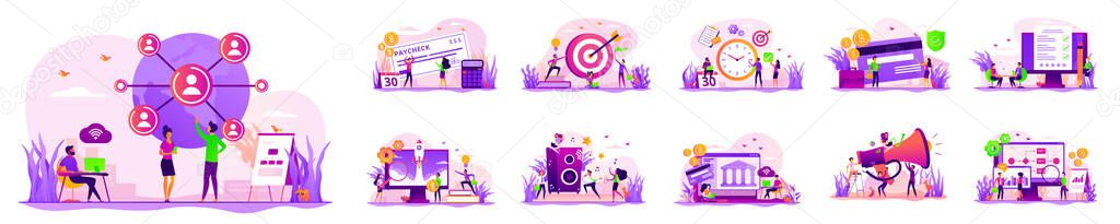 Bright violet flat illustration set of business and IT characters. Teamwork and workflow management. Startup launch, earn money, company salary, career ladder. Business idea and goal. Office fun.
