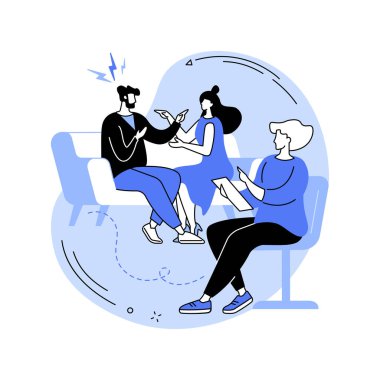 Aile koçu karikatür vektör çizimlerini izole etti. Deneyimli aile koçu kadın çift ile konuşuyor, ilişki sorunları, özel hayat, küçük işletme, modern meslek vektör karikatürü.