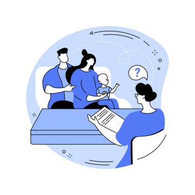 Ebeveyn koçu karikatür vektör çizimlerini izole etti. Çocuklu genç bir aile psikologla konuşuyor, ebeveynlik koçluğu seansı, küçük işletmeler, çocuk problemleri vektör karikatürü.