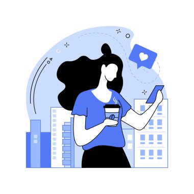 İzole edilmiş çizgi film çizimleri yolda kahve içiliyor. Elinde telefon tutan, uyanan ve kahve içen genç bir kadın, insanların yaşam tarzı, işe giderken yolda, sabah ayini vektör karikatürü.