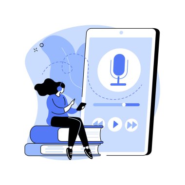 Podcast 'leri soyut konsept vektör çizimlerini dinleyin. Covid-2019 karantinasında zaman geçirin. Ses programları, eğitim podcastları, radyo programı cümbüşü dinlemeleri, soyut söyleşi mecazları.