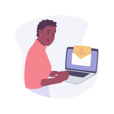 Malicious attachments isolated cartoon vector illustrations. Woman having threat in email, malicious files to steal data, cybersecurity attack, computing industry, IT technology vector cartoon.