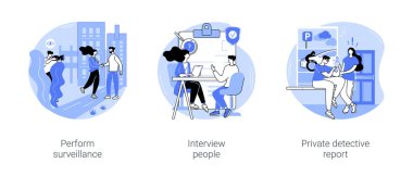 Private detective isolated cartoon vector illustrations set. Private detective taking photos of couple, collect evidence, interview people, present investigation report to client vector cartoon.