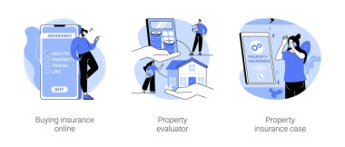 Insurance services isolated cartoon vector illustrations set. Buy travel insurance online, professional evaluator does real estate assessment, claiming property insurance coverage vector cartoon.