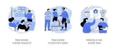 Real estate job isolated cartoon vector illustrations set. Brokerage firm representative make market analysis, commercial real estate investment sale, business people have deal vector cartoon.