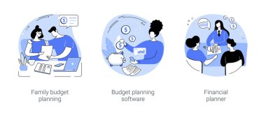 Bütçe planlama karikatür vektör çizimleri ayarlandı. Genç aile planlaması finans, harcamaları hesaplamak için akıllı telefon uygulaması, para yönetimi servisi, finansal planlama vektör karikatürü.