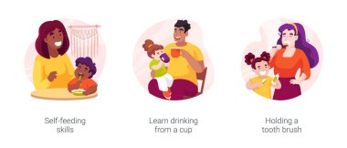 Infant self-care skills isolated cartoon vector illustration set. Self-feeding skills, learn drinking from a cup, holding a tooth brush, learning personal hygiene, daycare center vector cartoon.