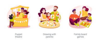 Evde eğitimde bebek yaratıcılığı gelişimi karikatür vektör çizimi seti. Kukla tiyatrosu, ailelerle çizim, aile oyunları, ev sineması çizgi filminde oynayan çocuklar..