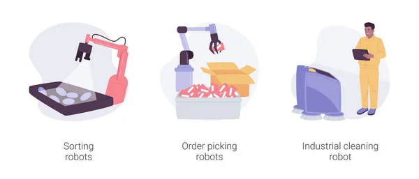Industrial Robots Isolated Cartoon Vector Illustrations Set Autonomous Sorting Machine — 图库矢量图片