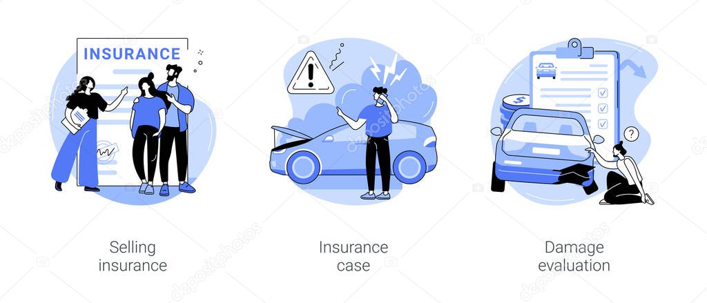Insurance company isolated cartoon vector illustrations set. Professional agent selling health insurance, claim a compensation for damaged car, specialist makes damage evaluation vector cartoon.