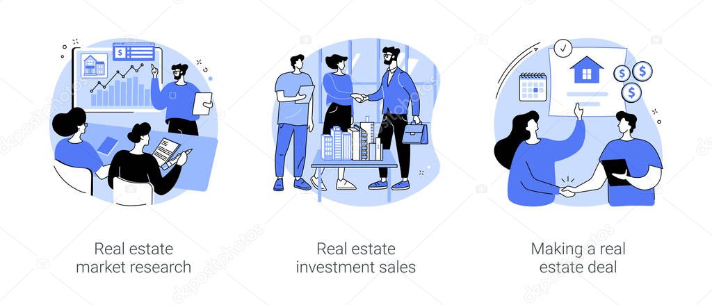Real estate job isolated cartoon vector illustrations set. Brokerage firm representative make market analysis, commercial real estate investment sale, business people have deal vector cartoon.