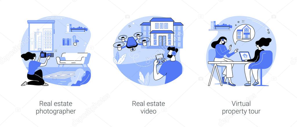 Real estate listing isolated cartoon vector illustrations set. Professional photographer takes photos of house for sale, real estate aerial video shooting, virtual 3D property tour vector cartoon.