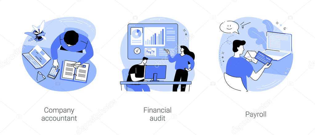 Company accountancy isolated cartoon vector illustrations set. Professional accountant making financial report, profit and loss calculation, financial audit, holding payroll document vector cartoon.