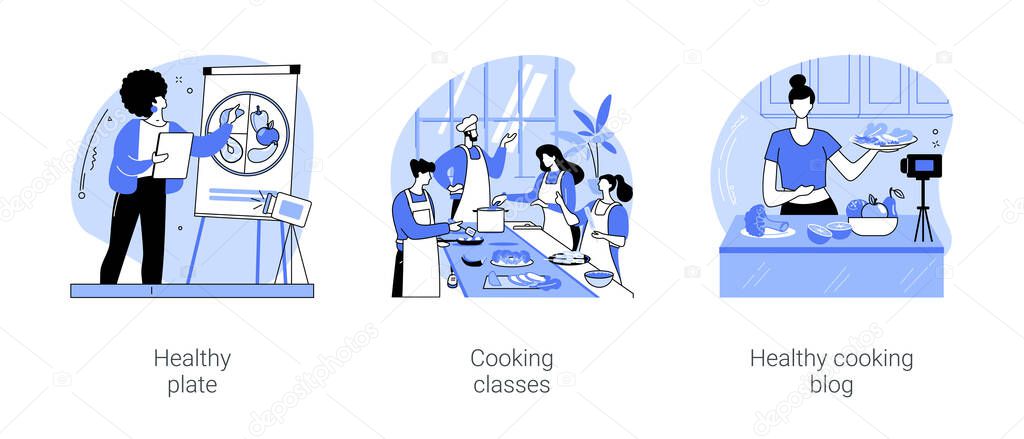 Nutrition classes isolated cartoon vector illustrations set. Smiling woman recording online nutrition classes, professional chef organize culinary workshop, healthy cooking blog vector cartoon.