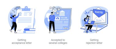 College admission isolated cartoon vector illustrations set. Happy school graduate reading acceptance letter, student accepted to various universities, upset teenager get rejected vector cartoon.