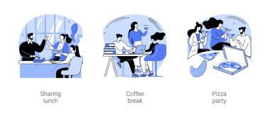 Öğrenci yemekleri karikatür vektör çizimleri ayarlandı. Yemek odasında öğle yemeği yiyen bir grup mutlu genç, üniversitede kahve molası veren gençler, kampüs pizza parti karikatürü..