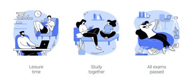 Yatakhane zamanı karikatür vektör çizimleri ayarlandı. Öğrenciler bir odada birlikte vakit geçirir, sınıf arkadaşları birlikte çalışır, sınavlara hazırlanır, tüm testleri geçer, akademik yıl sonu vektör karikatürü çizerler..