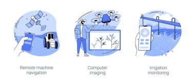 Tarımda Nesnelerin İnterneti karikatür vektör çizimleri ayarlandı. Uzaktan makine navigasyon, bilgisayar görüntüleme, sulama izleme, sensör kontrolü, akıllı tarım vektör karikatürü.